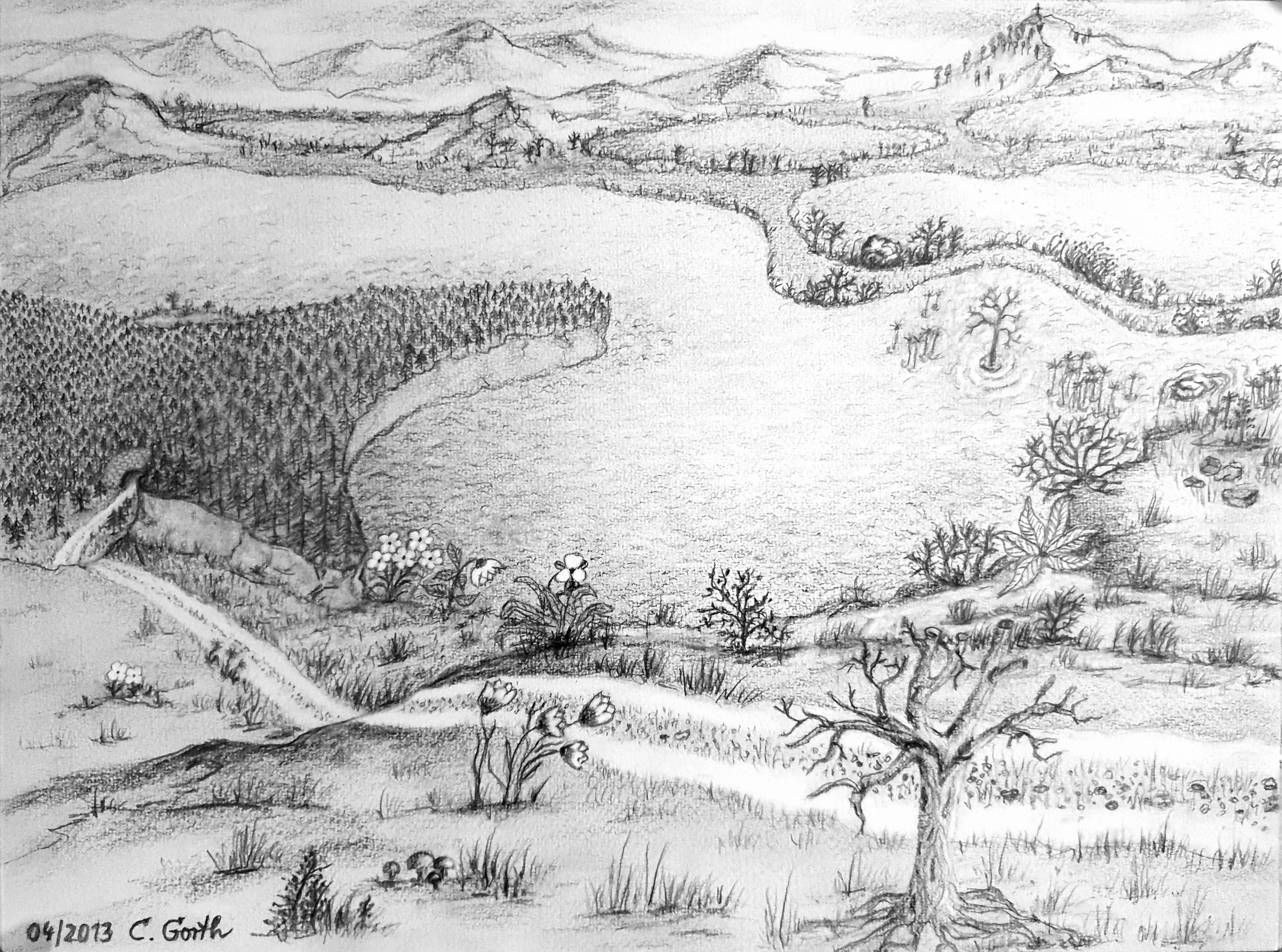 "Seenlandschaft", Bleistiftzeichnung, 04/2013, ©Christine Gorth
